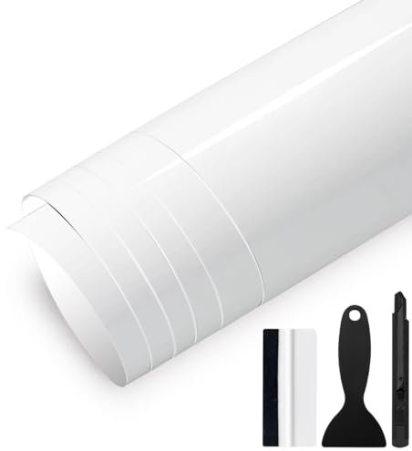 GRTHTATI 30cm x 150cm Autofolie Glanz Auto File Selbstklebende Car Wrapping Folie mit Luftkanälen Blasenfreie Auto Folierung für Motorrad, Fahrrad, DIY (Weiß Glanz, 30cm x 150cm)