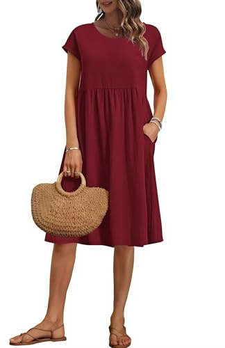 AUSELILY Women's Summer Short Sleeve Knee-Length Dresses Round Neck Loose Dress with Pockets Wine Red S