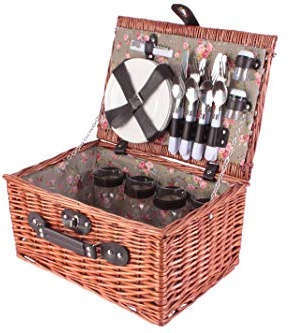 Panier de pique-nique pour 4 personnes avec assiettes en céramique, verres à vin et couverts - Mallette de pique-nique avec tire-bouchon et accessoires - Panier en osier 29 x 20 x 41 cm - Kit complet