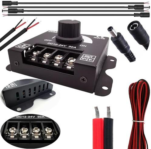 CTRICALVER Interrupteur dimmer pour bande LED monochrome, Contrôleur dimming PWM 12V-24V 30A + ux paires connecteurs DC mâles et femelles + câble à ux câbles 22AWG 5 m