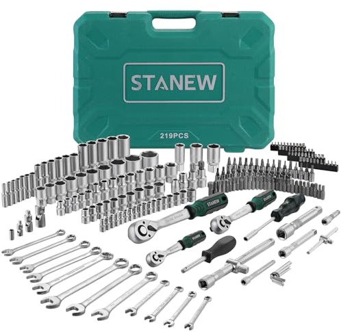 STANEW 219 Piezas Juego de Vasos Profesionales para Llaves Carraca, Llave de Carraca Reversible de 1/4, 3/8 y 1/2,Acero al Cr-V, Ideal para Bricolaje, Reparación o Trabajos Mecánicos