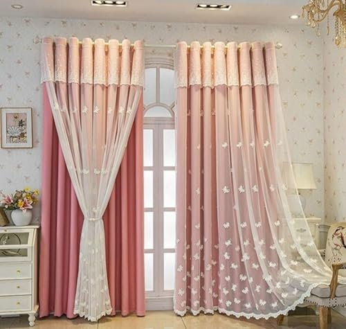 Homxi Blickdichte Vorhänge Kinder 2 Panels,2 x 137W x 214H cm,Schlafzimmer Gardinen Modern Rosa Doppelschicht mit Schmetterling Stickerei Muster Ösenvorhang Schlafzimmer