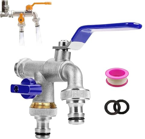 Rubinetto universale da giardino in acciaio inox con doppia uscita, rubinetto esterno con doppio perno, set doppio rubinetto ad alte prestazioni a 2 vie per l'irrigazione di piante, pulizia all'aperto