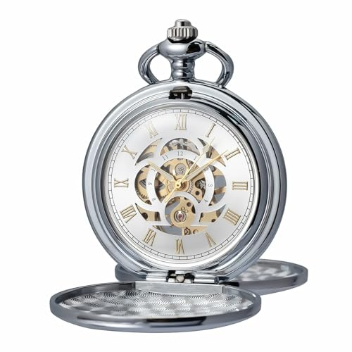 Kchss Mechanical Pocket Watch with Chain - Retro Smooth Classic Handwind - Roman Numerals for Men & Women