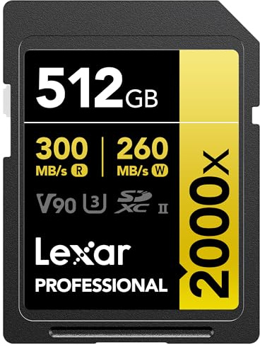 Lexar 512GB Professional 2000x SDXC Memory Card, UHS-II, C10, U3, V90, Full-HD & 8K Video, Up to 300MB/s Read, for DSLR, Cinema-Quality Video Cameras (LSD2000512G-RNNNU)