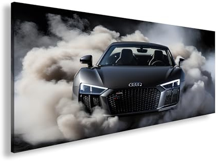 Leinwandbild Kraftvoller Audi durchbricht den Rauch wie ein Schattenjäger. Panorama 100x50cm XXL Wandbild auf Keilrahmen/Kunstdruck/Bild Wohnzimmer Dekoration
