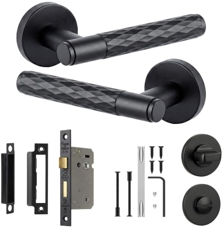 Decoranddecor Matt Black Door Handles Internal Bathroom Lock Set | CE marked, 44 mm backset lock, thumb turn, Bathroom Door Handles with Lock, fits 35-45 mm doors, Tore Range