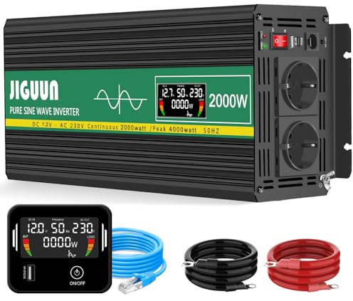 JIGUUN 2000W Convertisseur 12V 220V Pur Sinus Onduleur transformateur | Puissance crête 4000W avec Télécommande Écran LCD 2 Prises EU 1 Port USB pour Voiture Camping Voyage Urgence