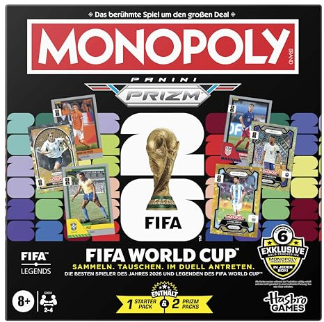 Monopoly Panini Prizm: FIFA World Cup Spiel I Fußball-Brettspiel mit Monopoly Panini Prizm FIFA World Cup 2026 Trading Cards I ab 8 Jahren - Deutsche Version