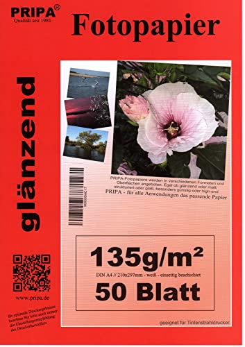 pripa 50 Blatt Fotopapier DIN A4, 135g/qm, high -glossy hoch - glaenzend -sofort trocken -wasserfest-hochweiß-sehr hohe Farbbrillianz, fuer InkJet Drucker Tintenstrahldrucker