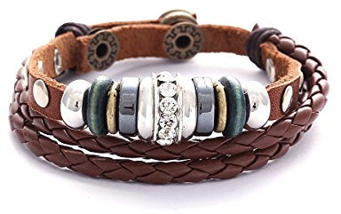 Morella Damen Lederarmband braun geflochten mit Nieten + Beads und Zirkoniasteinen