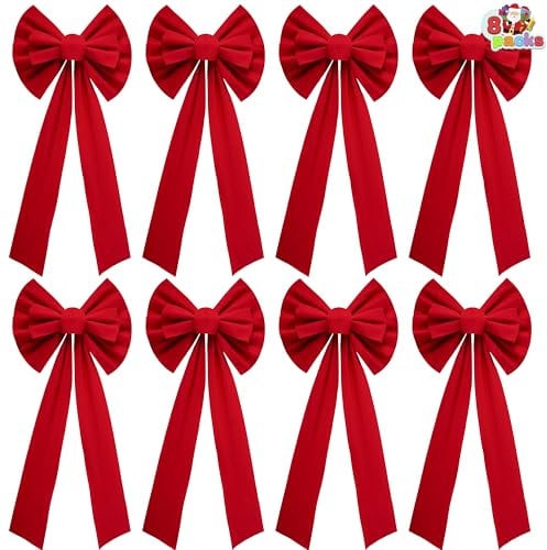 JOYIN 8 Pack Christmas Red Velvet Bows, 26 Long by 10 Wide Decorative Christmas Bows for Wreath Garland Christmas Tree Decor, Indoor Outdoor Holiday Decorations