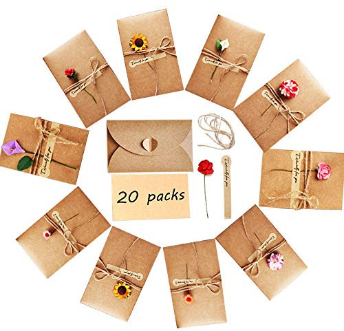 Nsiwem Einladungskarte 20 Stück Grußkarte Karte Kraftpapier Geburtstag Dankskarten Geschenk Umschlag mit leere Karte und handgemachter Blume für Geburtstag Valentinstag Muttertag (17.4x11cm)