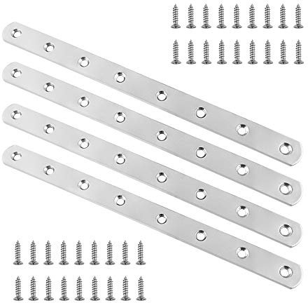 QWORK®4 Stück 24.5 x 1.9 cm Edelstahl Lochplatte Flachverbinder , Halterung Metallverbinder , Holzverbinder Flache Ecke Brackets , mit 32 Befestigungsschrauben