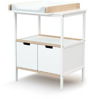 AT4 - Mueble cambiador bebé 2 puertas ESSENTIEL madera - Blanco/Haya Cruda - 68 x 66 x 90,5 cm