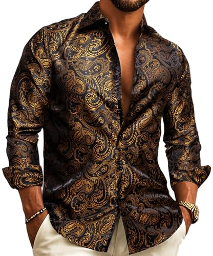 Barry.Wang Men Dress Shirts Paisley Silk Long Sleeve Button Big and Tall Down Shirt Fashion Leisure Wedding Party Prom