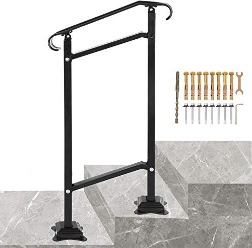 VEVOR Wrought Iron Handrail, Fit 1 or 2 Steps Outdoor Stair Railing, Adjustable Front Porch Hand Rail, Black Transitional Hand Railings for Concrete Steps or Wooden Stairs with Installation Kit