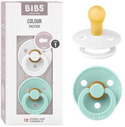 BIBS Colour Schnuller 2er-Pack, BPA-frei, Kirschform Nippel. Naturkautschuk/Latex, Hergestellt in Dänemark. Größe 1 | 0+ Monate | 2-Pack, White/Mint