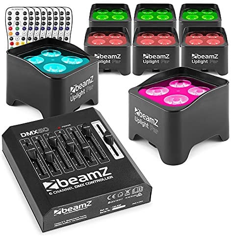 Beamz BBP90 Battery LED Uplights Kit with DMX Controller – 8X Wireless RGB-UV Uplighters, Rechargeable Operated Lighting for Indoor Stage, Party and Event Use