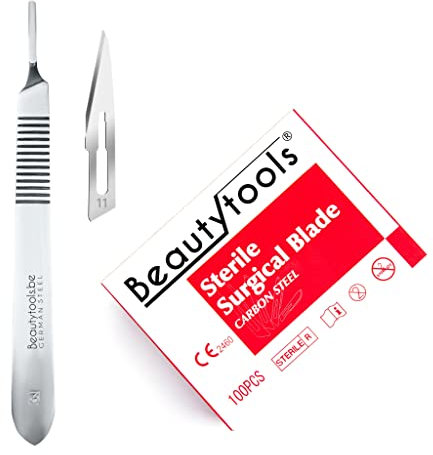 BeautyTools Scalpel Set avec support Bistouri No 3 + Lames à calmer N° 11 (100 pièces) - Lames de pédicure pour cors et noyaux - Emballé stérile (BP-0652)