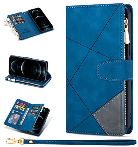 ZCDAYE Wallet Case for iPhone 11 Case with 9 Card Slots Zipper Pocket Handbag Wristlet Folio Flip Cover for iPhone 11-Blue