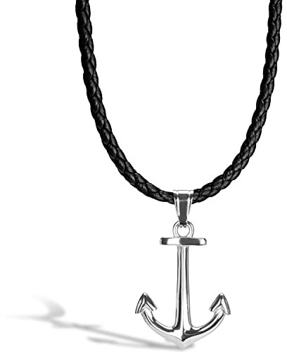 SERASAR Collier Cuir d'Ancre pour Homme, Ancre Argent Pendentif en Acier Inoxydable Homme 60cm, Cadeau d'Anniversaire Petit Ami, Mari