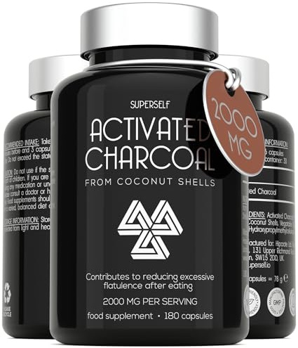 Activated Charcoal Tablets 2000mg - 180 Capsules - Stomach Supplement | 100% Pure Charcoal from Coconut Shells - 6 Caps Dose for Adults - Active Carbon for Flatulence