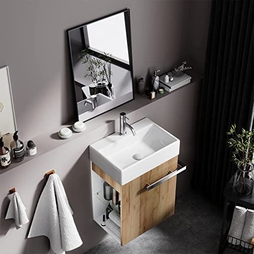 BRIDGE BENO Mobile Bagno Sospeso 50 cm con Lavabo in Ceramica per Piccoli Spazi, con Cassetto Soft-Close e Maniglia in Metallo, Versione Sinistra o Destra - Rovere Europeo