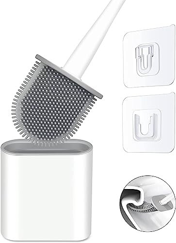 Toilet Brush | Bathroom Silicone Toilet Brush and Holder | Plastic Handle & Soft Flexible Bristles | Base for brush Anti-drip (White)
