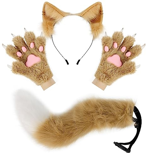 hbbhml Flauschige Ohren Schwanz und Katzenpfoten Handschuhe Set Kostümzubehör für Halloween Weihnachten Karneval und Partys