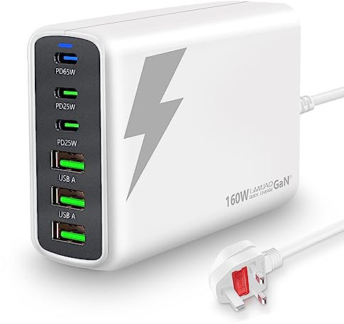 LAMJAD 160W Charger,6 Ports GaN Charger,3 USB-C +3 USB-A,Portable Travel Charging Station Compatible with MacBook Pro,HP Laptop/iPad,iPhone 15/14/13,Galaxy/Huawei(White)