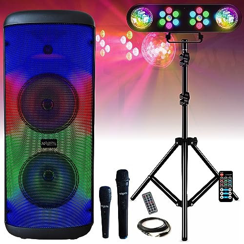 MOOVING LIGHT & SOUND - Enceinte USB Bluetooth Autonome sur Batterie 600W Electro-Sound - 2 Micros Karaoke - Pack Lumière sur Pied