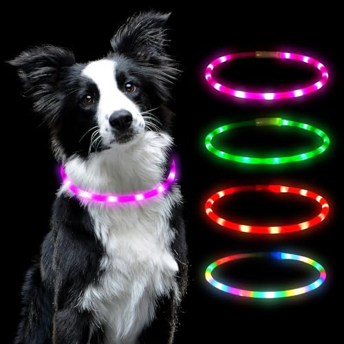 AUAUY LED Leuchthalsband Hund, USB Aufladbar Längenverstellbarer Haustier Sicherheit Silikon Kragen Zuschneidbares Wasserdicht Leuchthalsband für Hunde und Katzen, 4 Modus (Rosa)