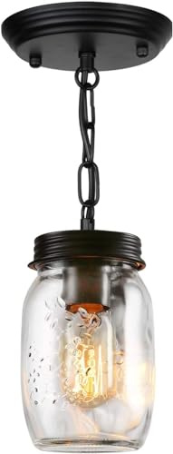 Jasopaco Glass Mason Jar Light Fixtures - Single Pendant Ceiling Light 1-Light Flush Mount - Black Country Farmhouse Lights for Kitchen Dining Room Foyer Stairway Hallway Entryway Porch