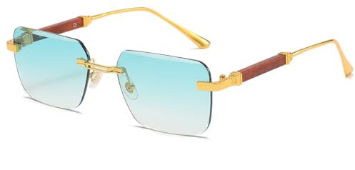 kachawoo Holz-ähnliche Beine Sonnenbrille Randlose rahmenlose Sonnenschirme Metall Quadrat Sonnenbrille für Männer Frauen Eyewear UV400 Linse (gold with green)
