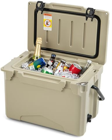 TANGZON 23L/28L Rotomolded Hard Cooler, Insulated Ice Chest with 5-7 Days Ice Retention, Drainage System, Latches & Bottle Opener, Portable Enhanced Ice Cooler Box (23L, with Aluminum Handle, Tan)