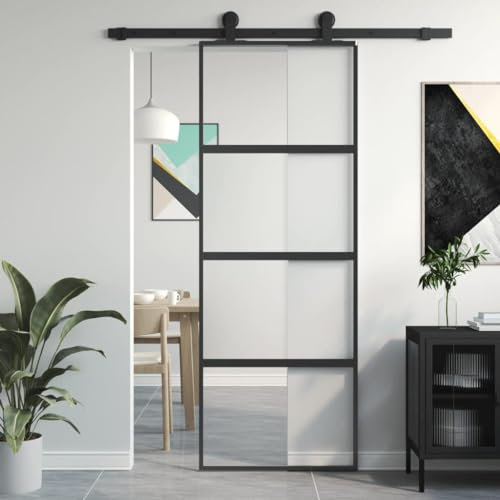 DJEKA Porta Scorrevole Esterno Muro e Interno, Nera 76x205 cm in Vetro Temperato e Alluminio