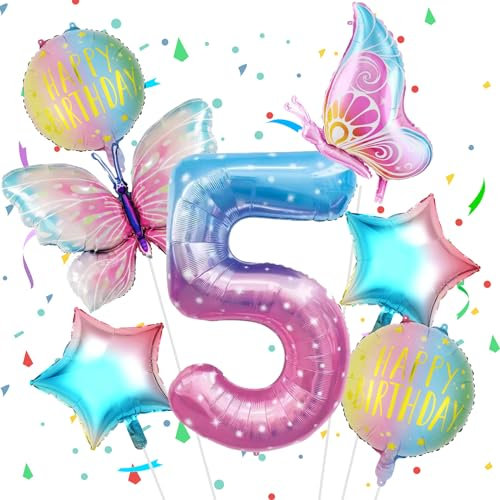 VUCDXOP Geburtstagsdeko Mädchen 5 Jahr, 5 Jahr Schmetterling Geburtstag Deko, Schmetterling Luftballon 5, Geburtstag deko 5 Jahre mädchen, Riesen Folienballon Zahl 5 für Geburtstag Party Dekoration