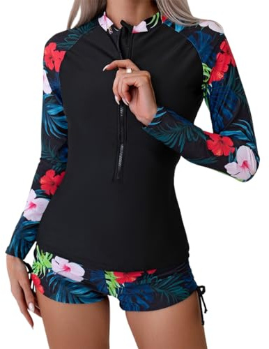 Owntop 2-teiliger Rash Guard Damen, Langarm Badeanzüge UV UPF 50+ Schwimmshirt, Reißverschluss Rash Weste, Blumen Bademode mit Hoch Tailliertem Boyshort Unterteil zum Schwimmen Surfen