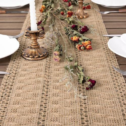 Dremisland Braun Makramee Tischläufer 30x183cm Jute Natur Tischläufer Bauernhaus Vintage Häkelspitze Mesh Tischdecke Boho Table Runner Tischdeko für Hochzeits Garten Party Küche Esstisch