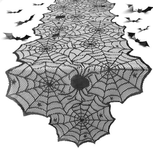 VOPIWOZ Halloween Spinnennetz Lace Tischdecke Schwarz Set Halloween Tischdeko Enthält 1 Stück Halloween Tischläufer 16 Stück und 3D Fledermaus für Halloween Party und Halloween Tischset(182 * 46cm)