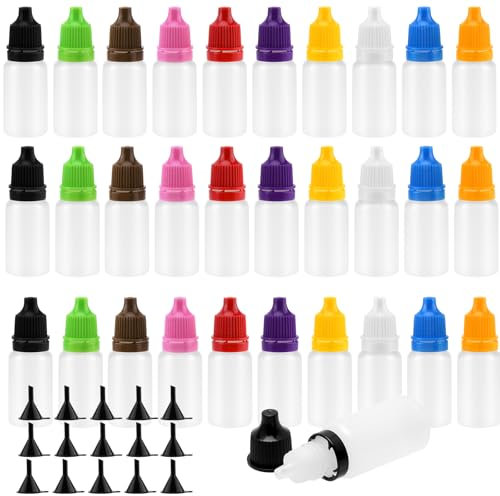 MAKTSAM 220 PCS 10 ml Empty Dropper Bottles, 10 Colors Lid Transparent Squeezable Bottles with Funnels, Plastic Mini Rotating Cap Dropper Bottle for filling Solvents, Essence, Eye Drops