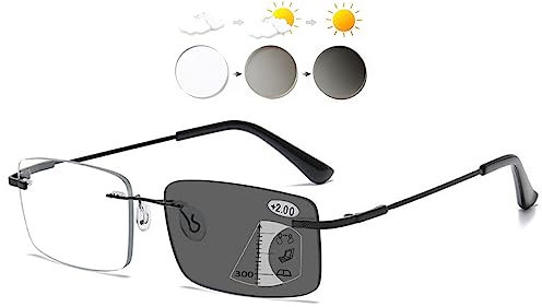 KOOSUFA Randlose Gleitsichtbrille Selbsttönende Gleitsicht Lesebrille Herren Damen Titan Progressive Multifokus Blaulichtfilter Photochrome Lesebrillen mit UV-Schutz Sonnenlesebrille Schwarz, 1.5