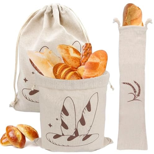 Pizsieat 3 Stück Brotbeutel Leinen 30 x 40cm +15 x 66cm Brotbeutel Aufbewahrung Frischhalten Wiederverwendbar Brotsack mit Kordelzug Brottasche Leinenbeutel für Brot Obst Gemüse Baguette (2 Größen)