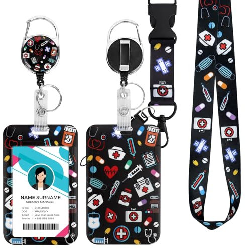 Ausweishülle mit Band, Id Badge Holder Breakaway Lanyard für, Einziehbare Badge Reel, Abnehmbare Namensschild Clips, Hals Lanyard Strap, Lehrer Büro Geschenke (Krankenschwester-schwarz)
