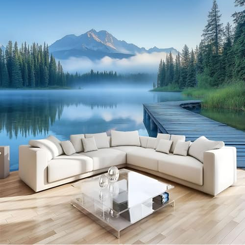 JEDTAKCT Papier Peint Panoramique 3D Vue Sur Le Lac La Forêt De Pins Et Les Montagnes 300X210Cm Nature Tapisserie Papier Peint Pour Chambre Salon Chambre Décoration Murale Papier Peint Mural