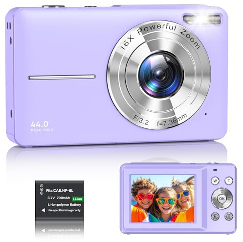 Digital Camera 1080P FHD Compact Digital Camera 44MP Portable Mini Small Photo Camera with 2.4 LCD Screen, 16X Digital Zoom and 1 Battery Vlogging Camera for Kids, Girls, Boys-Purple
