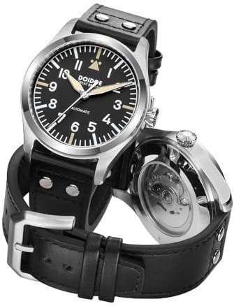 Boyarca Big Pilot Watch Japan NH35 Automatikwerk Flieger Mechanische Herren Armbanduhr Saphirglas Edelstahlgehäuse Echtes Lederband Leuchtend Wasserdicht Uhren, Schwarz A1