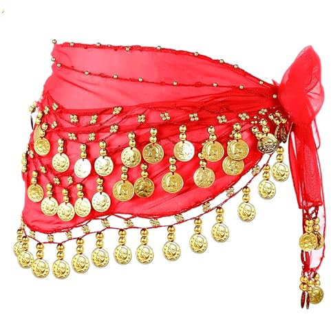 THKO Bauchtanz Hüfttuch, Rot für Damen ideal für Tanzschule und Tanzauftritte weiches Material mit Fransen Bauchtanzzubehör perfekt für Anfänger und Profis