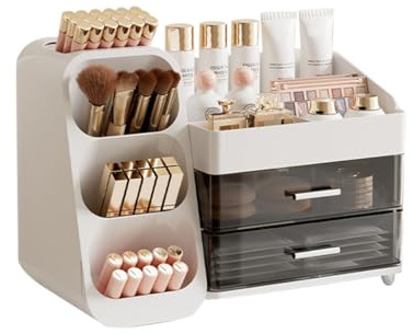 JJoexyfit Organizador de maquillaje para tocador con soporte para brochas, organizador de cuidado de la piel con cajones, organizador de tocador para baño, escritorio, encimera, caja de almacenamiento